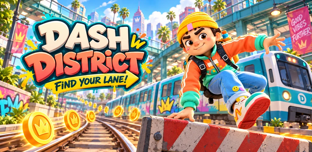 Dash-District promotional artwork featuring a runner vaulting a railway barrier
