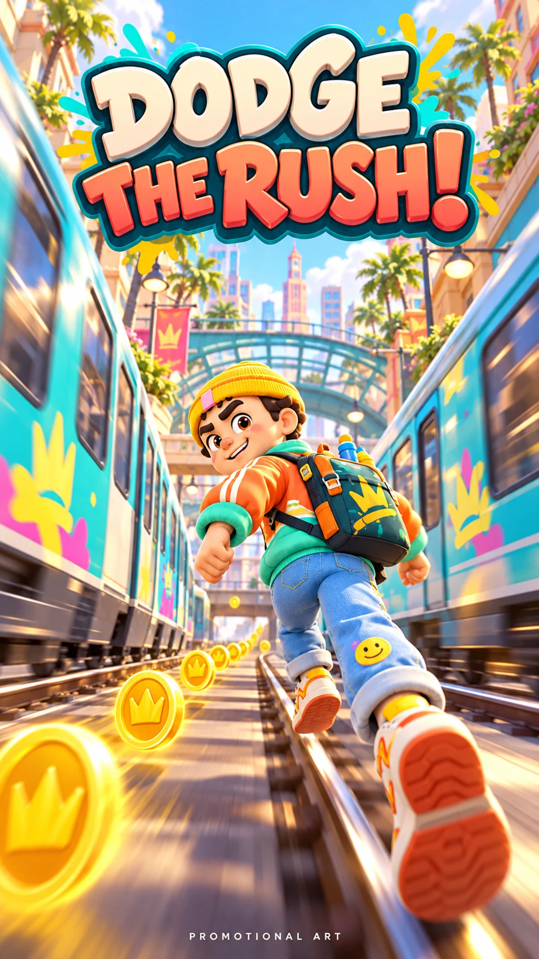 Promotional illustration of a runner collecting coins between turquoise trains