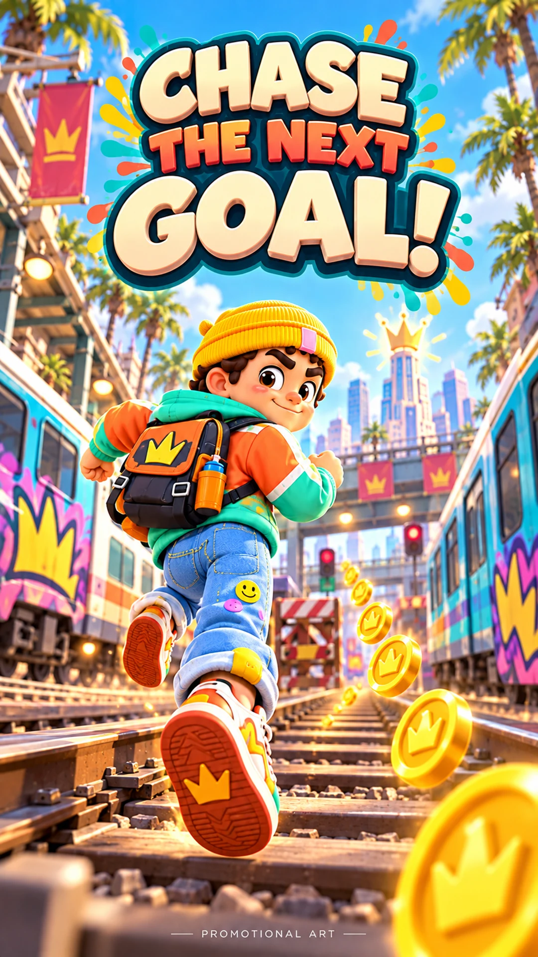 Runner following a trail of golden coins through the station
